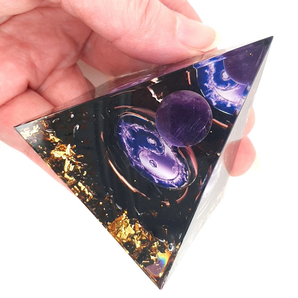 Orgone Pyramid with Obsidian and Amethyst Sphere - Yin Yang