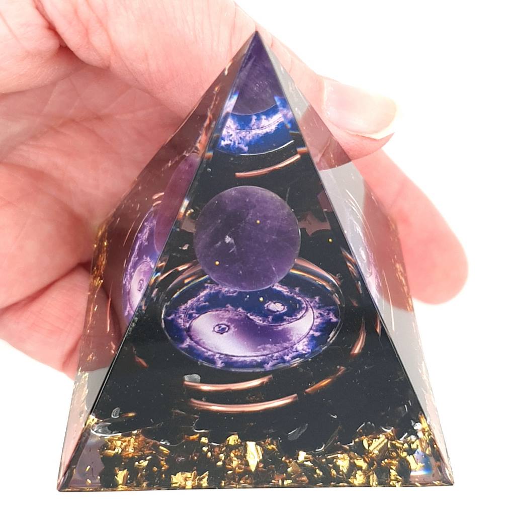 Orgone Pyramid with Obsidian and Amethyst Sphere - Ying Yang