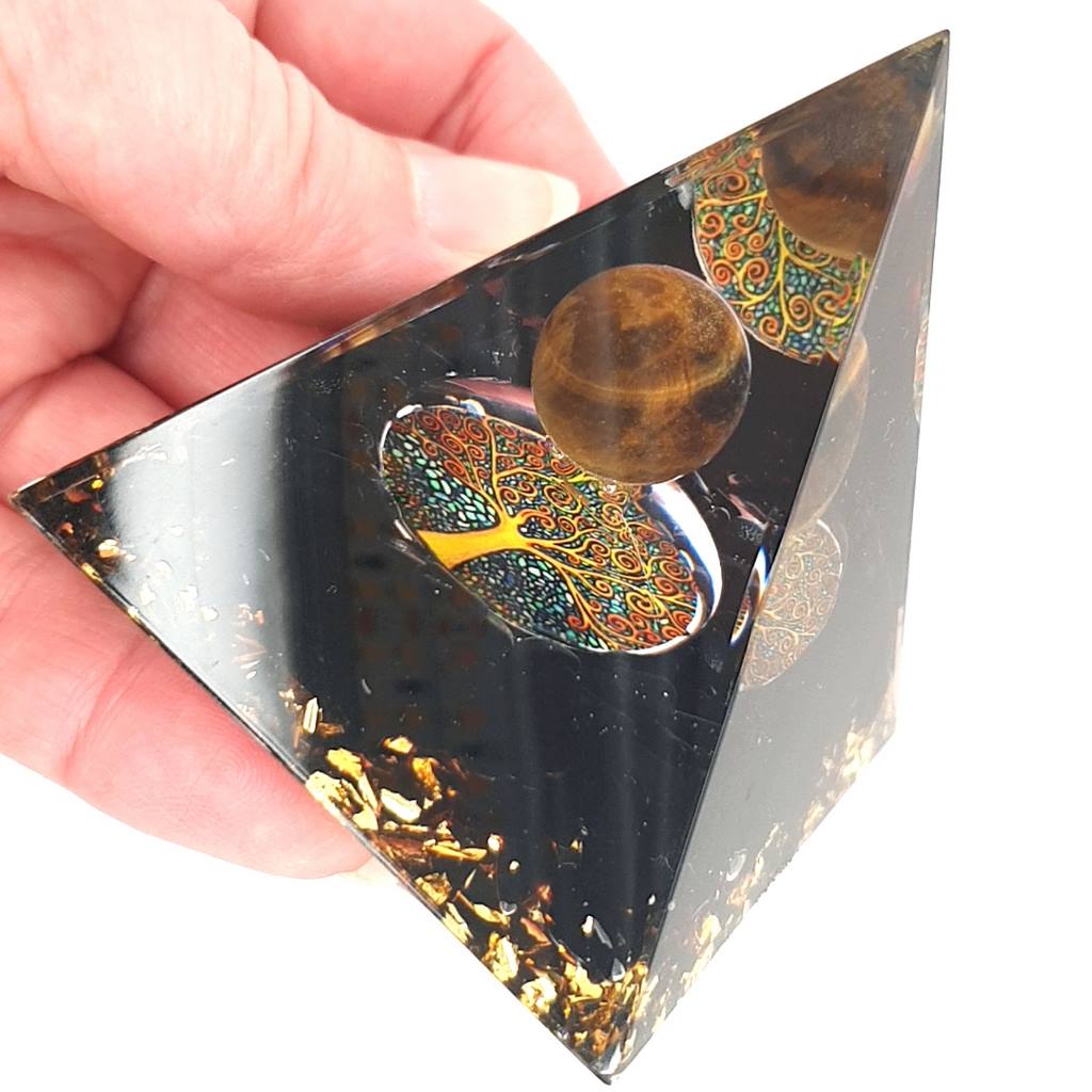Orgonite Pyramid with Obsidian and Tiger Eye Sphere