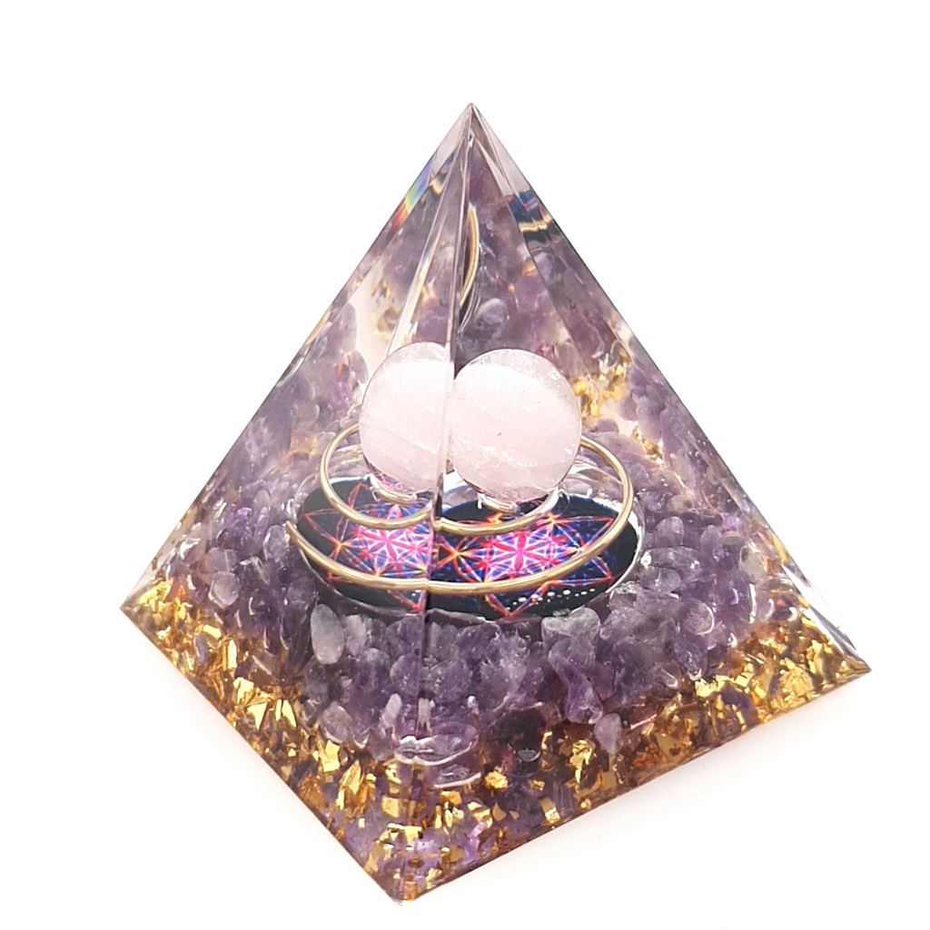 Orgonite Pyramid with Rose Quartz Sphere and Amethyst