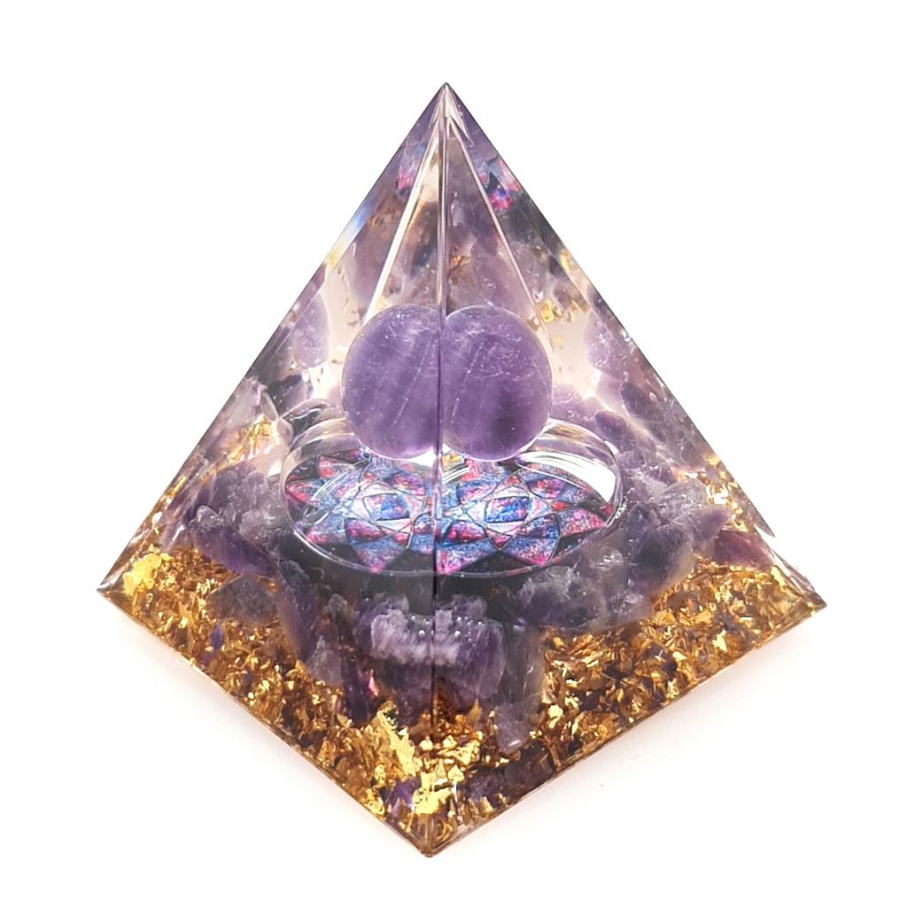 Orgone Pyramid with Amethyst Sphere and Lotus Flower - Orgonite Pyramid