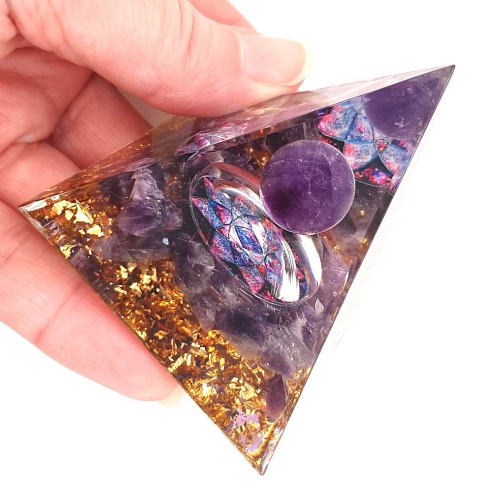 Orgone Pyramid with Amethyst Sphere and Lotus Flower - Orgonite Pyramid