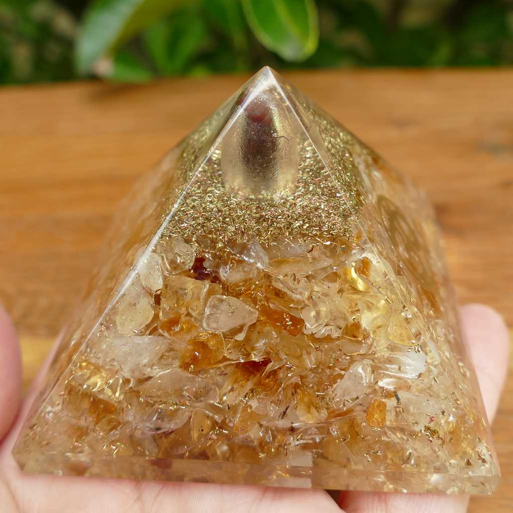Orgonite Pyramid with Citrine Crystals - OM Symbol Orgone Pyramid Australia