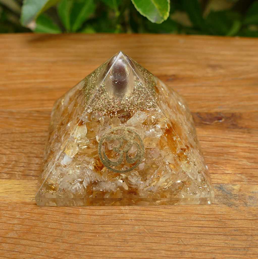 Orgonite Pyramid with Citrine Crystals - OM Symbol Orgone Pyramid Australia