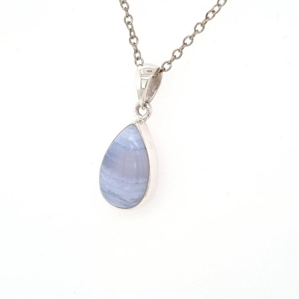 Blue Lace Agate Crystal Teardrop Shape Pendant in Sterling Silver Jewellery Necklace