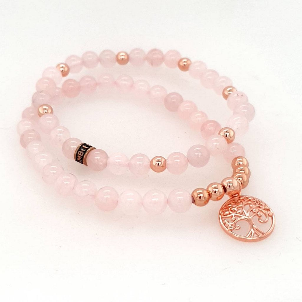 rose quartz duo bracelet set with tree of life charm