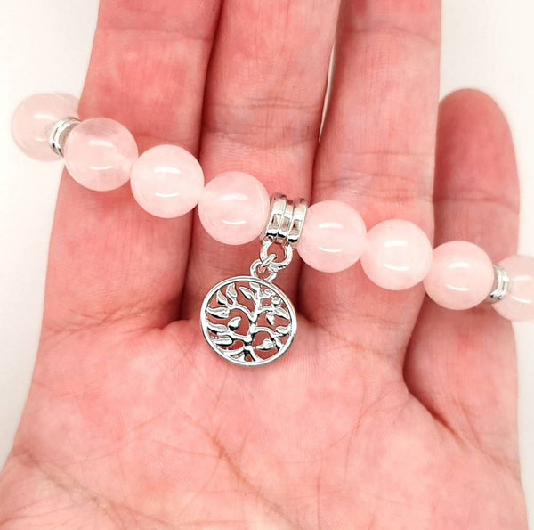 10mm Rose Quartz Bracelet Tree of Life Charm Stretch Healing Gemstone ...