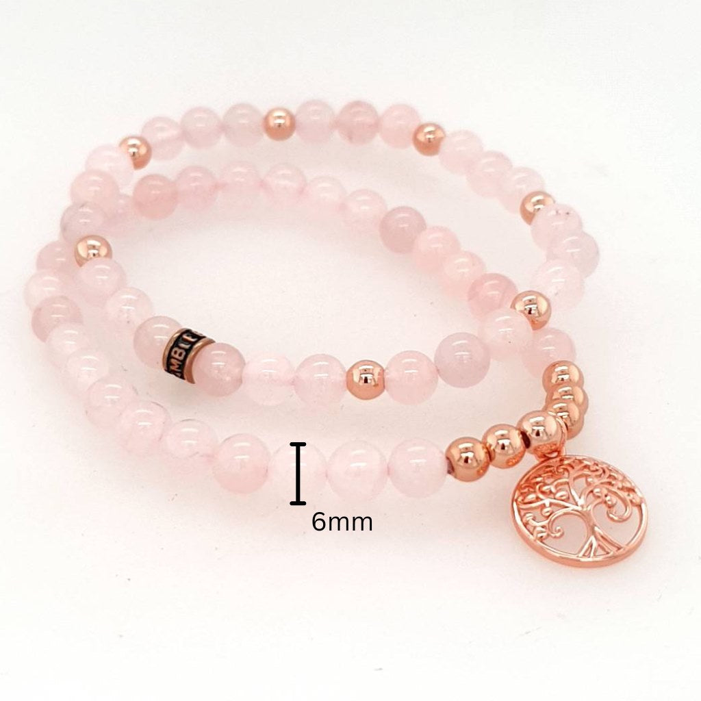 rose quartz duo bracelet set with tree of life charm