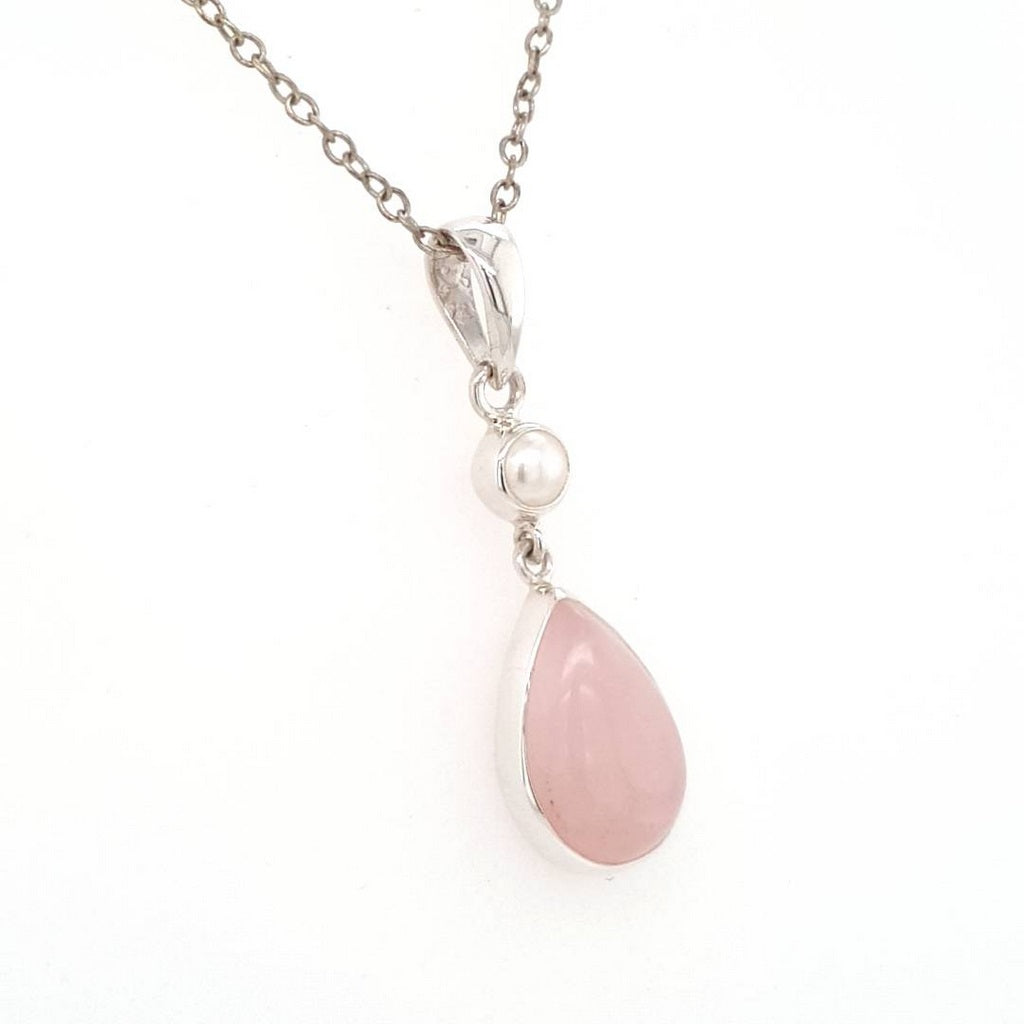 Rose Quartz Crystal and Pearl Pendant Set in Sterling Silver Natural Crystal
