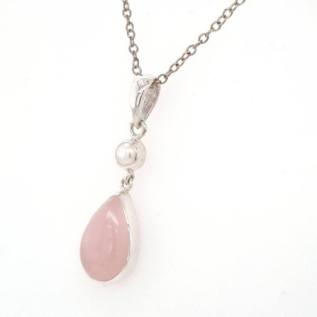 Rose Quartz Crystal and Pearl Pendant Set in Sterling Silver Natural Crystal