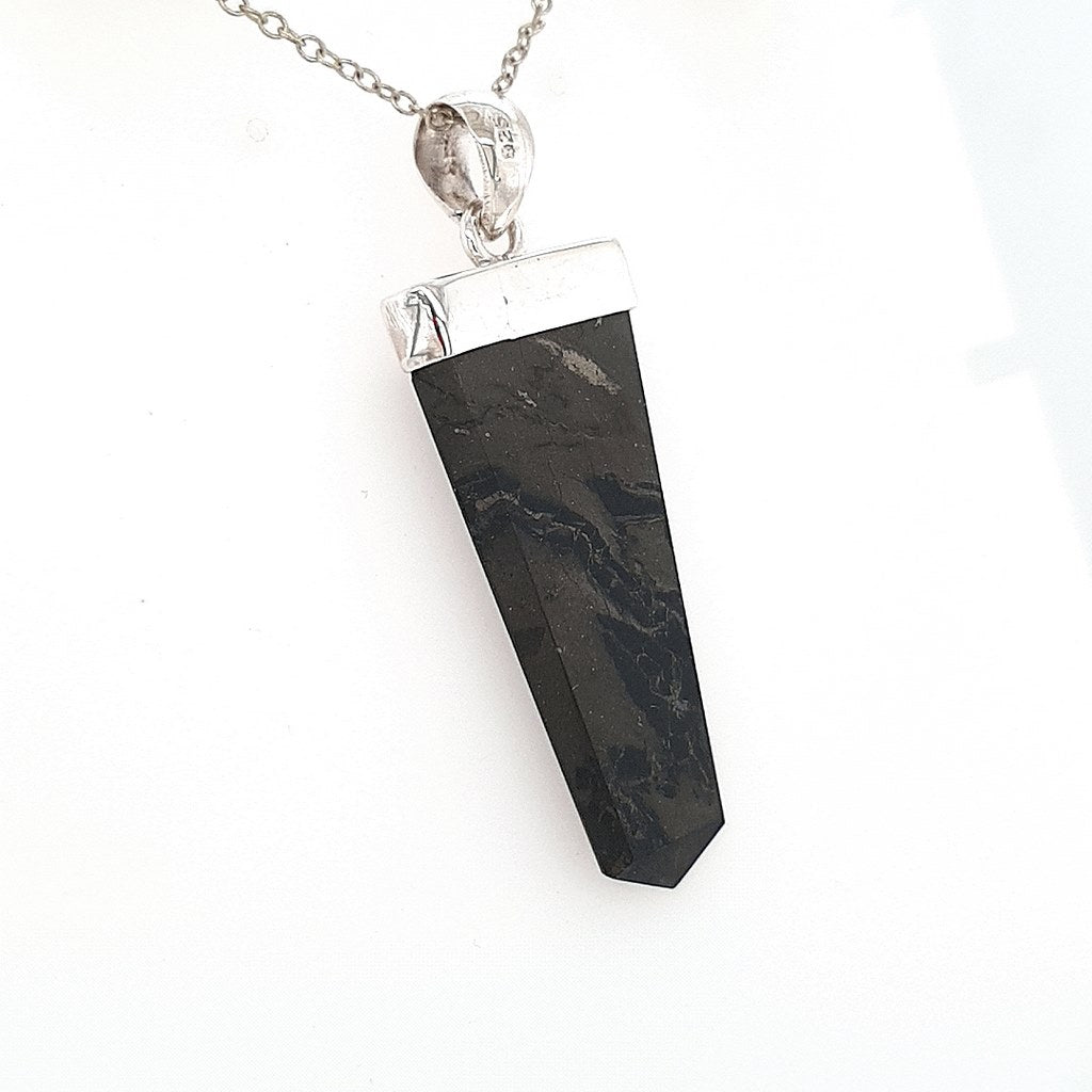 Black Tourmaline Flat Crystal Pendant Beautifully Set in Sterling Silver