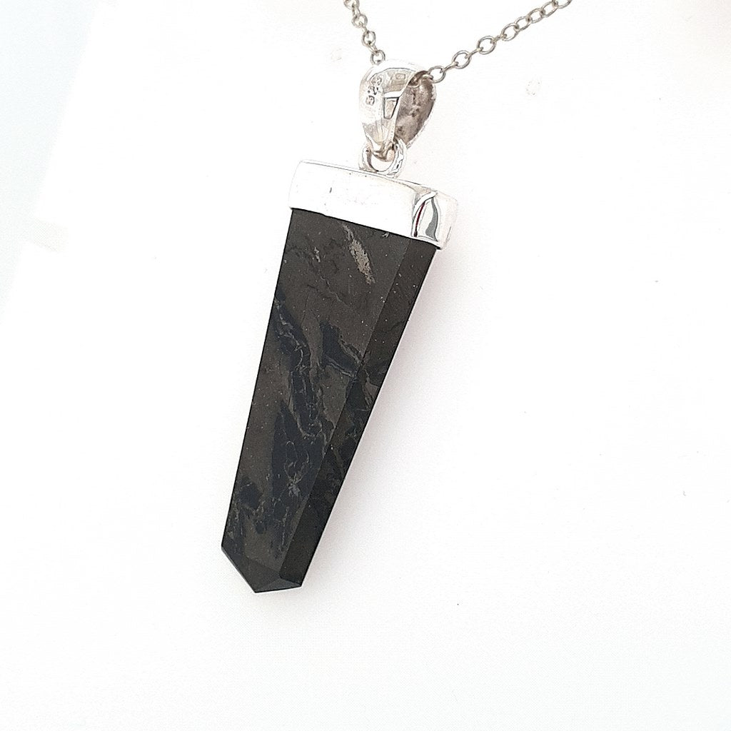 Black Tourmaline Flat Crystal Pendant Beautifully Set in Sterling Silver
