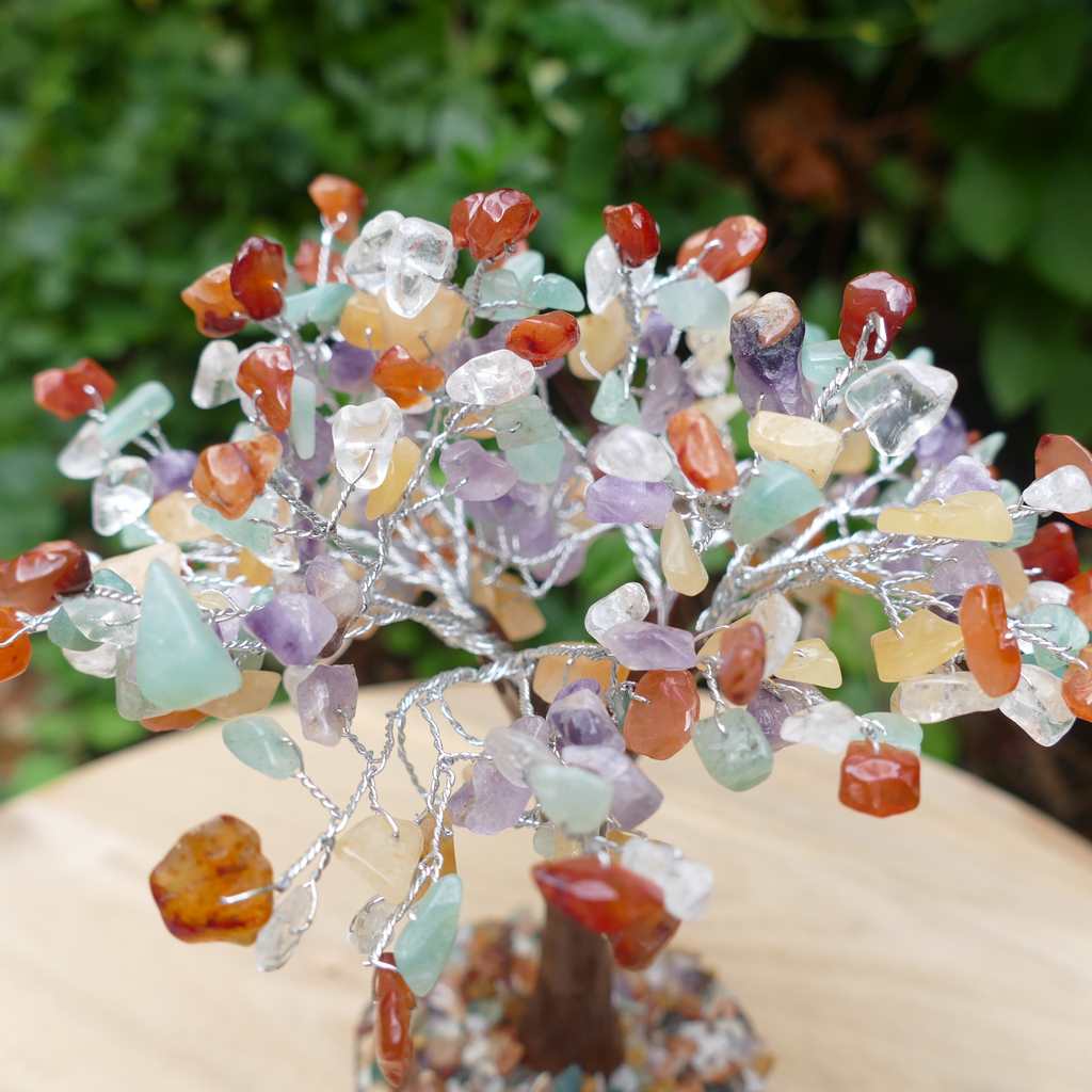 mixed crystal gem tree on wood base