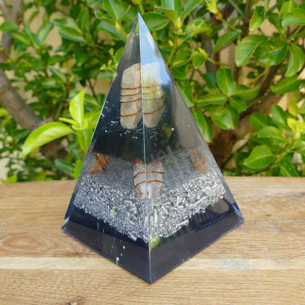 Large Orgonite Pyramid with Black Tourmaline and 5 Quartz Points, Copper and Metal Shavings