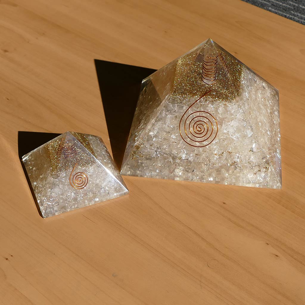 clear quartz orgonite pyramid large and small