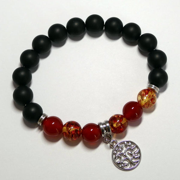 Red Agate & Amber Bracelet Tree of Life Charm 10mm - Earth Inspired Gifts