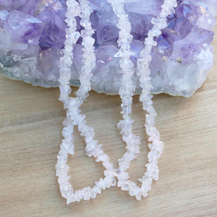 Rose Quartz Chip Necklaces 36 Inches with Earthy Loving Vibe