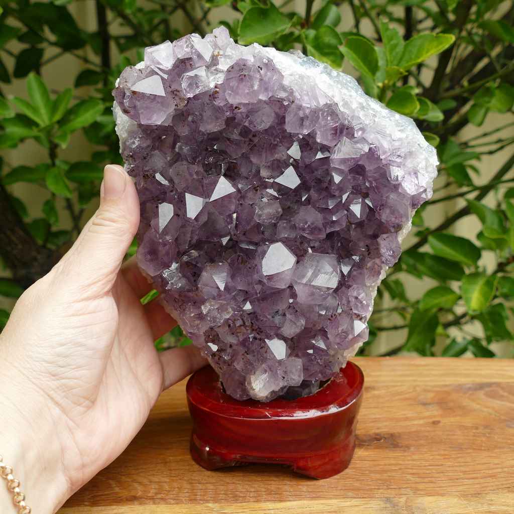 amethyst cluster wood base