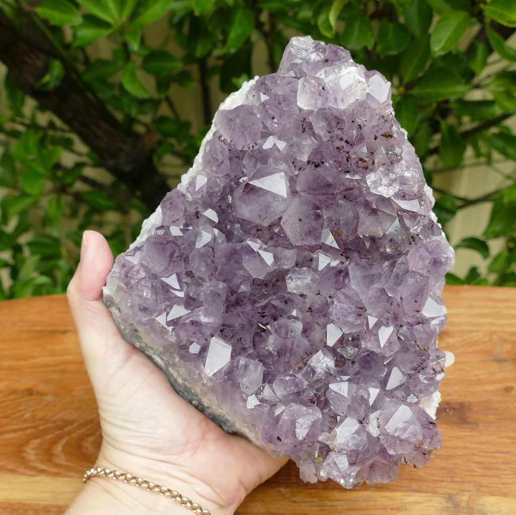 amethyst cluster wood base