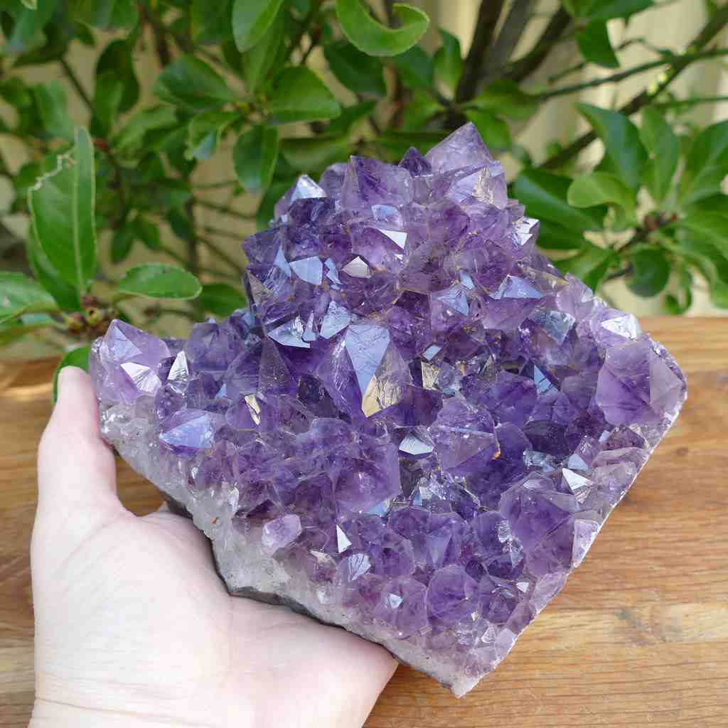 amethyst cluster on wood base