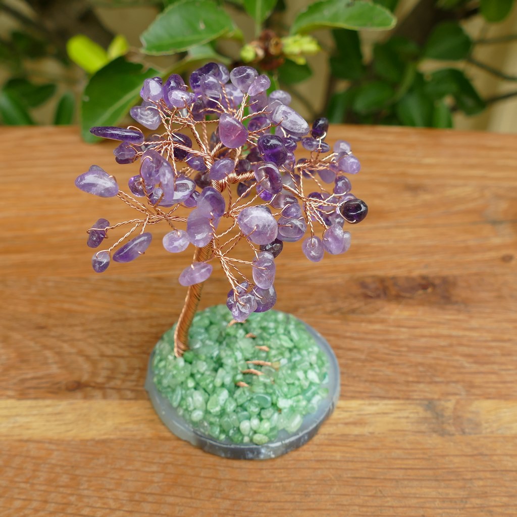 amethyst crystal gem tree on agate slice base