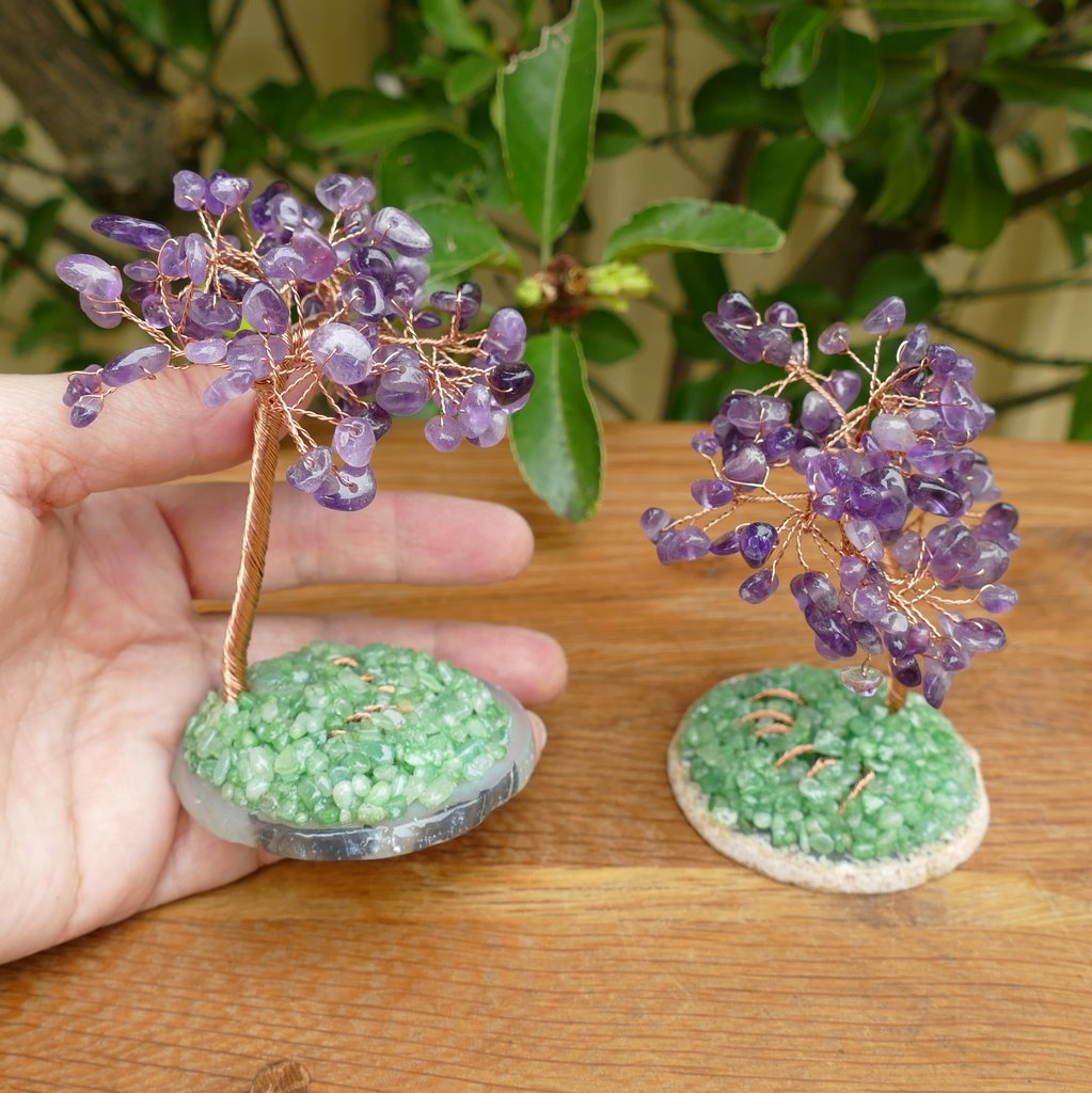 amethyst crystal gem tree on agate slice base