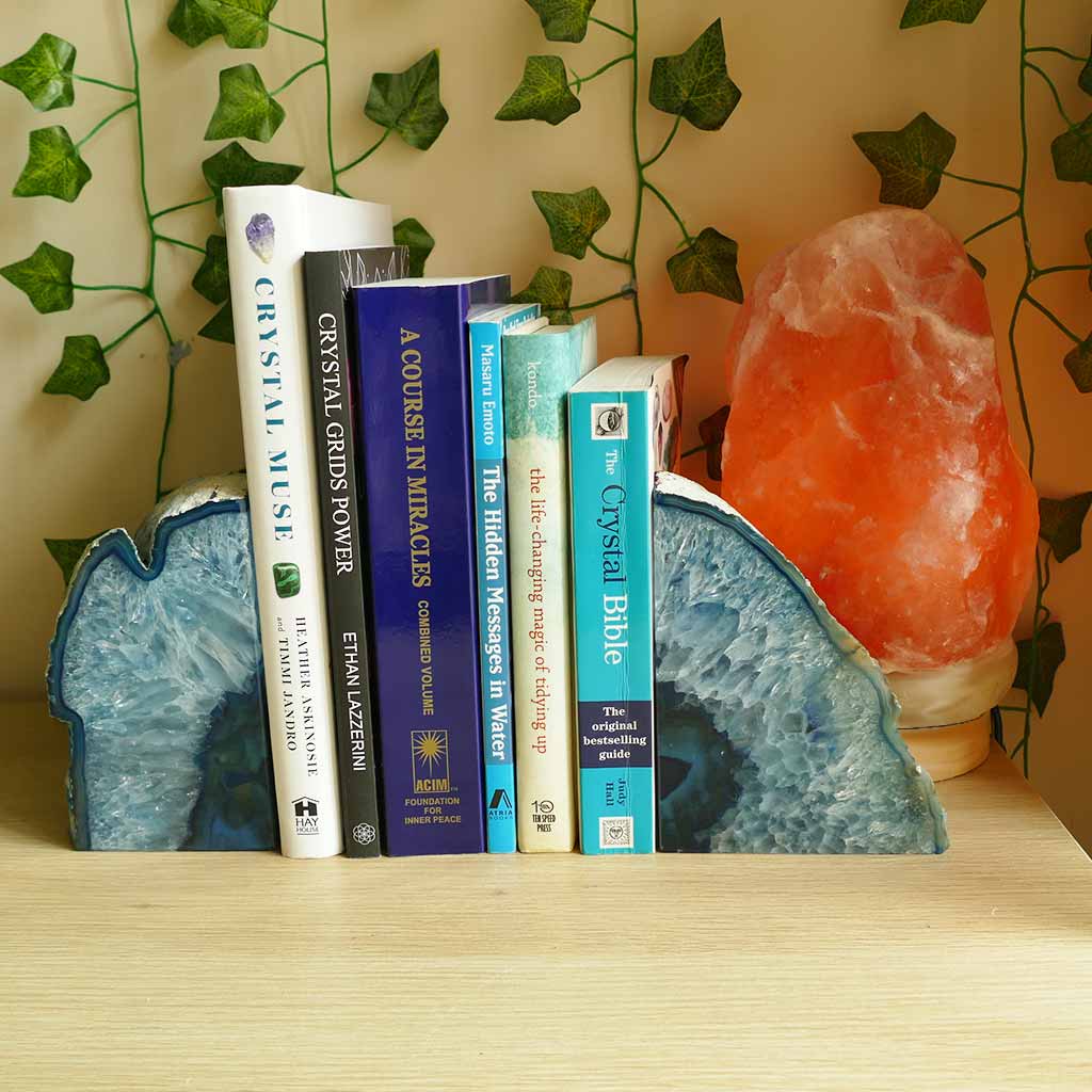 beautiful agate bookends with books and salt lamp