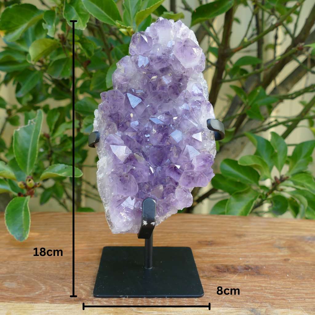 amethyst cluster on metal stand