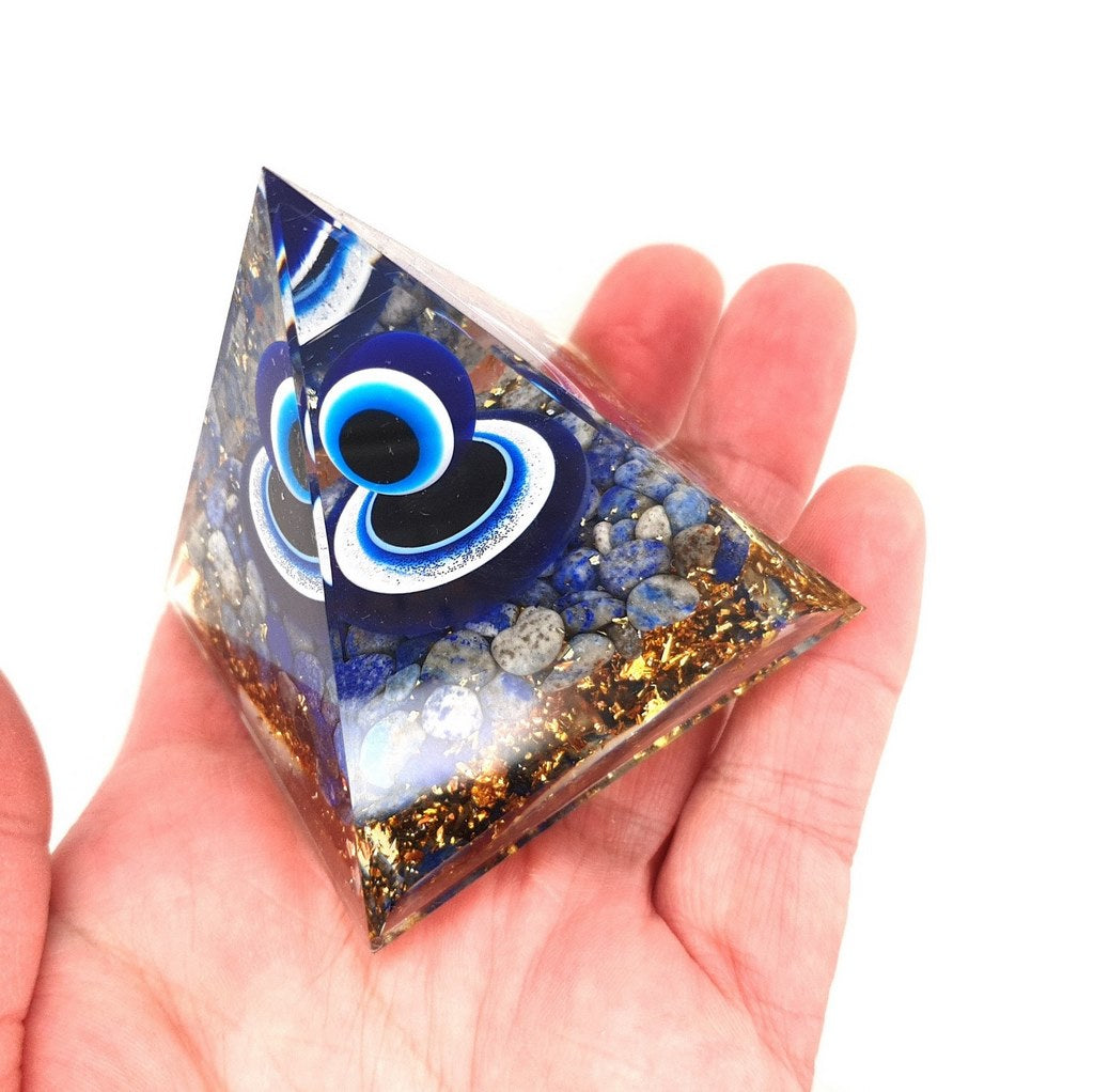 orgonite pyramid with lapis lazuli and evil ye sphere