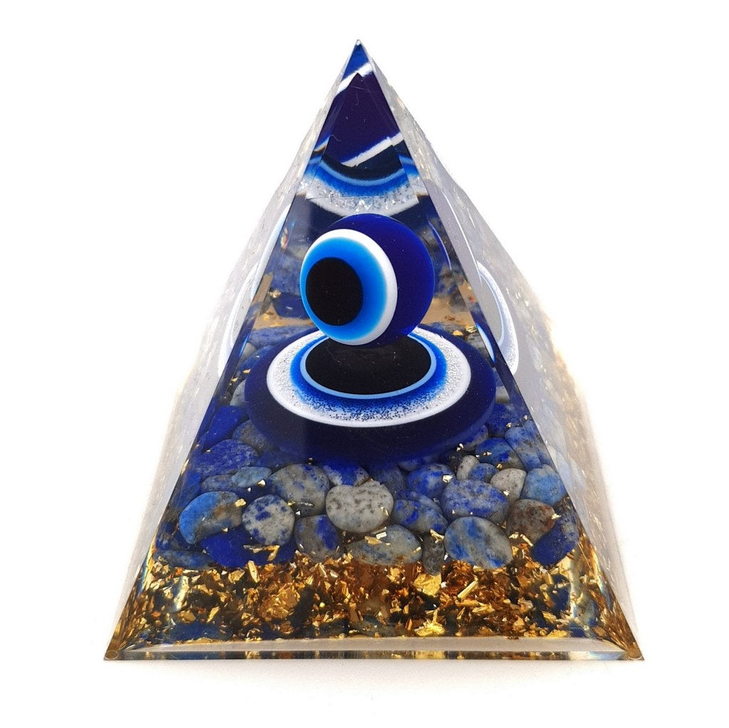 orgonite pyramid with lapis lazuli and evil ye sphere