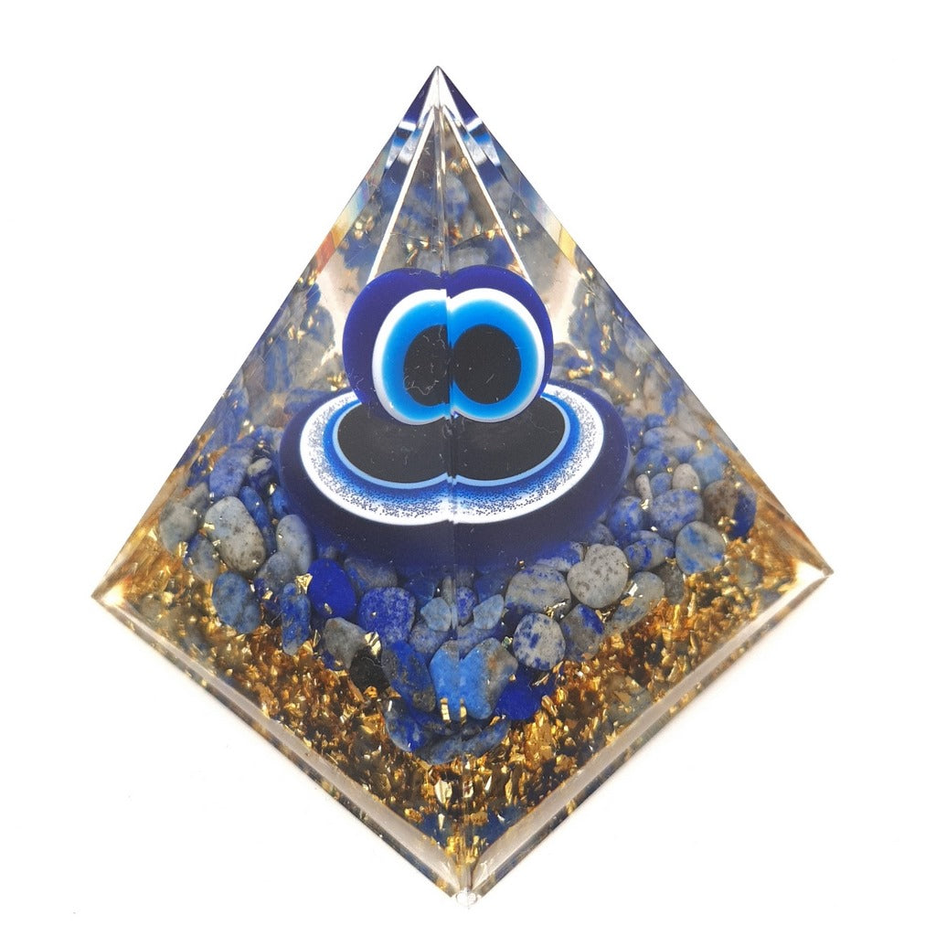 orgonite pyramid with lapis lazuli and evil ye sphere