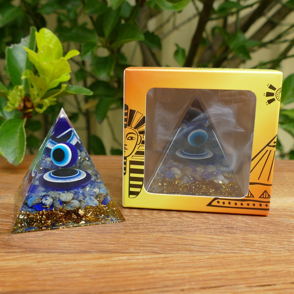 orgonite pyramid with lapis lazuli and evil ye sphere