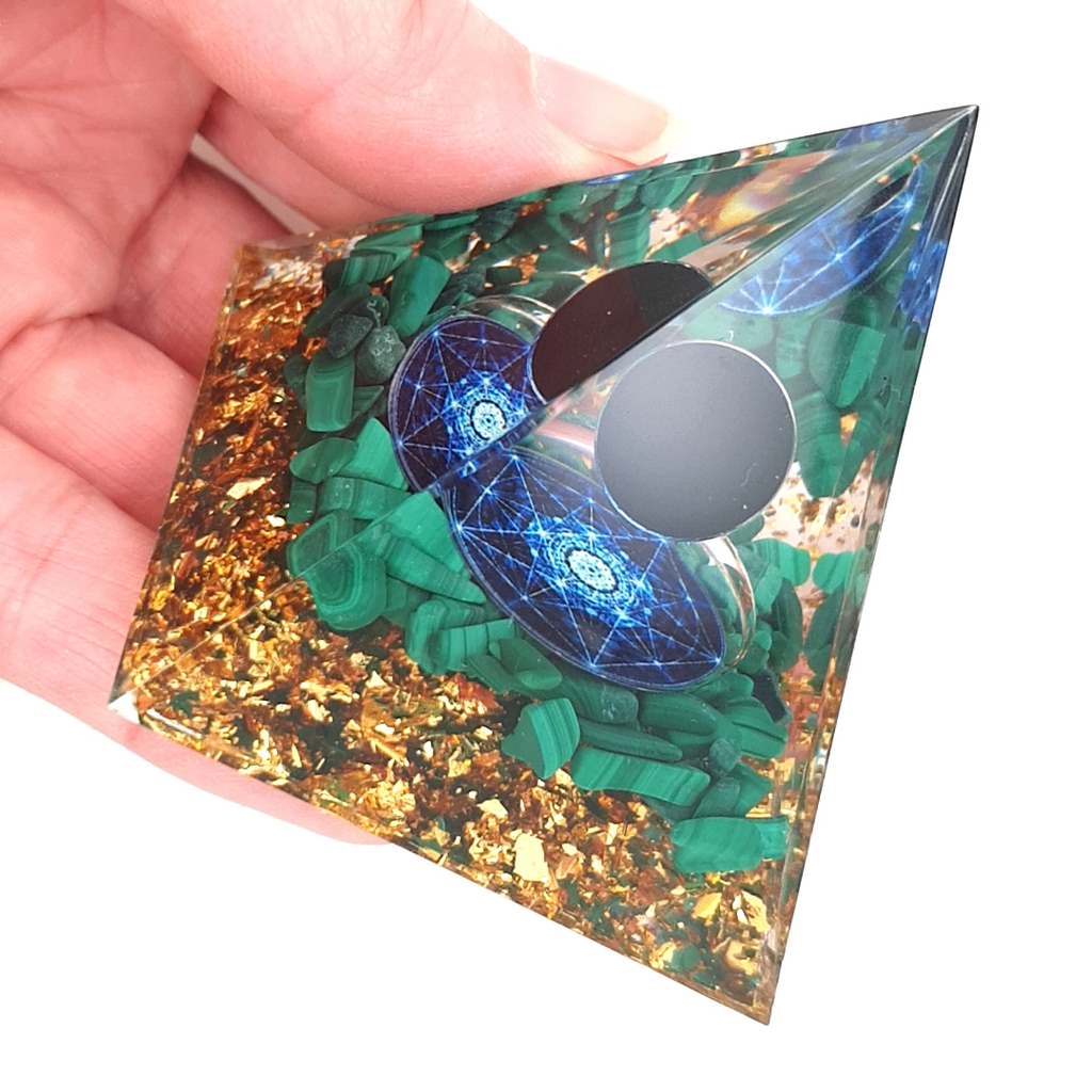 Orgone Pyramid with Malachite and Obsidian Sphere