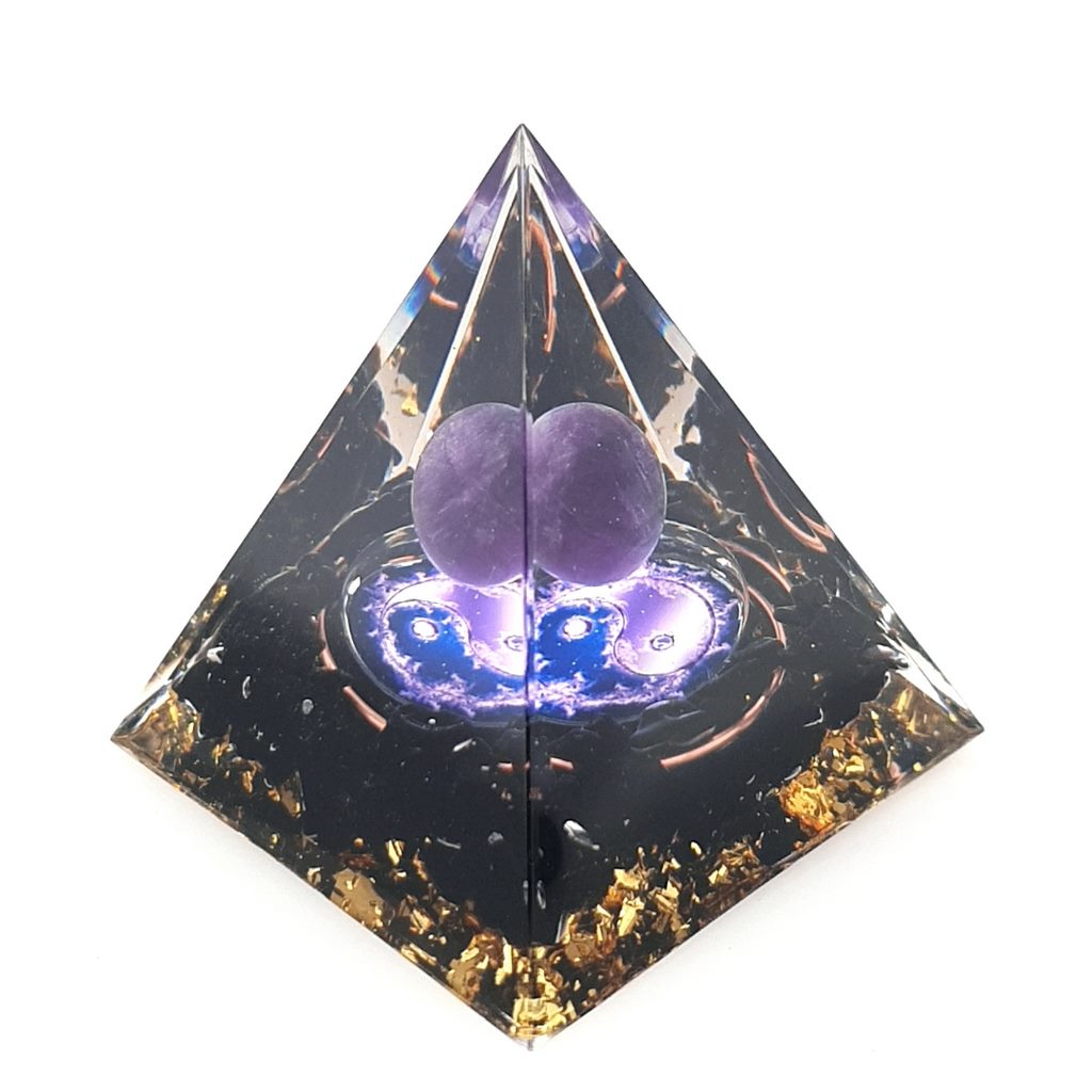 Orgone Pyramid with Obsidian and Amethyst Sphere - Ying Yang