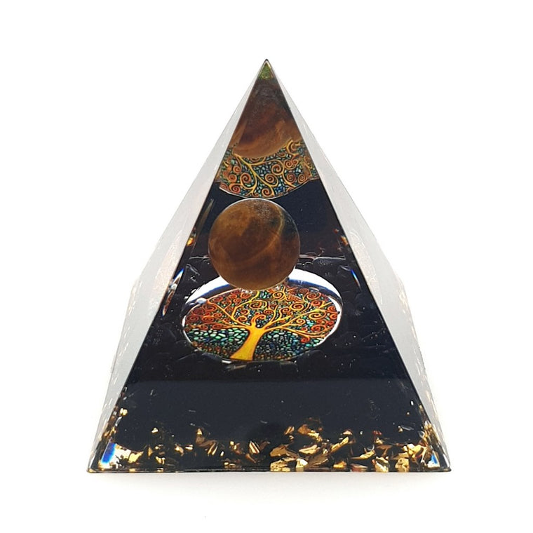 orgone pyramid with obsidan and tiger eye sphere