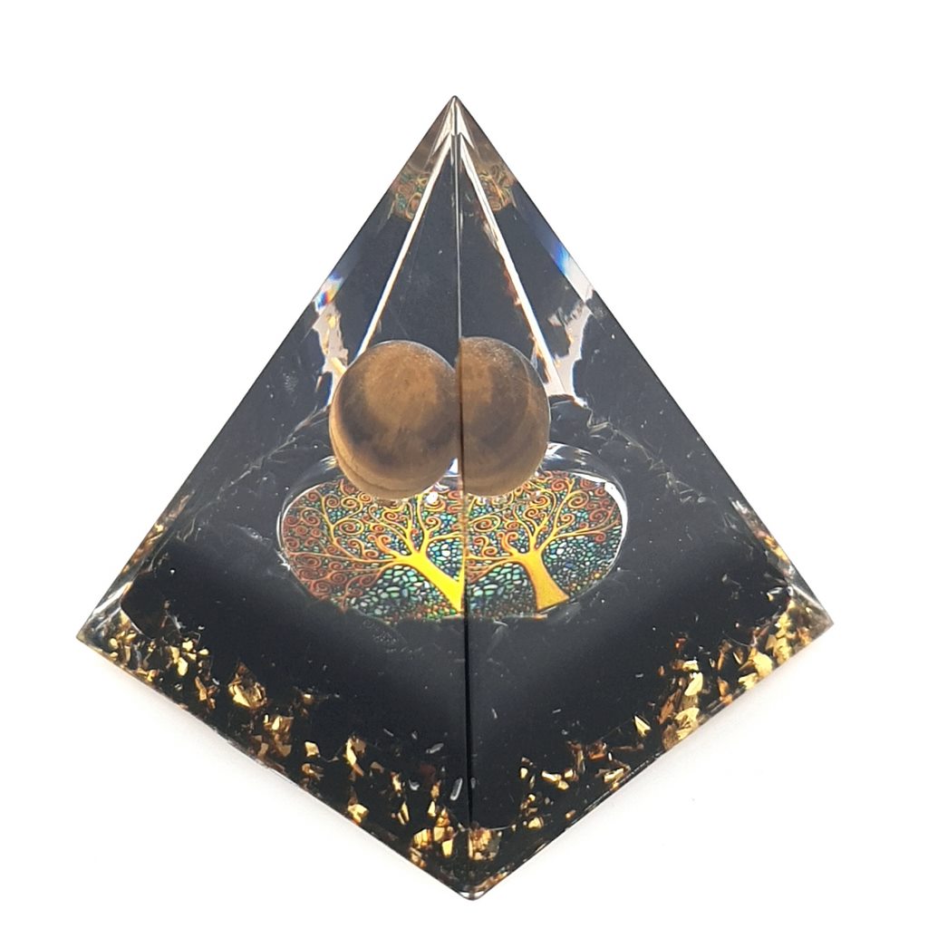 Orgonite Pyramid with Obsidian and Tiger Eye Sphere