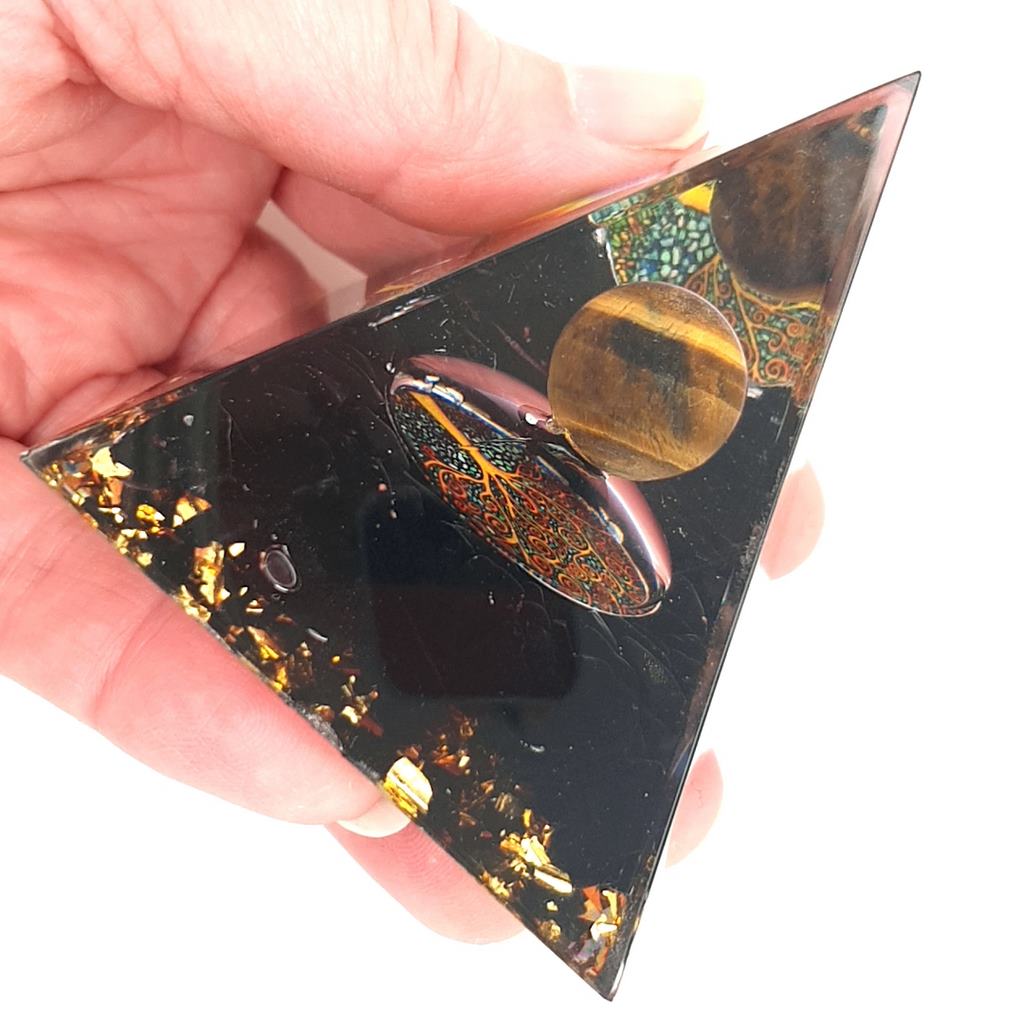 Orgone Pyramid with Obsidian and Tiger Eye Sphere