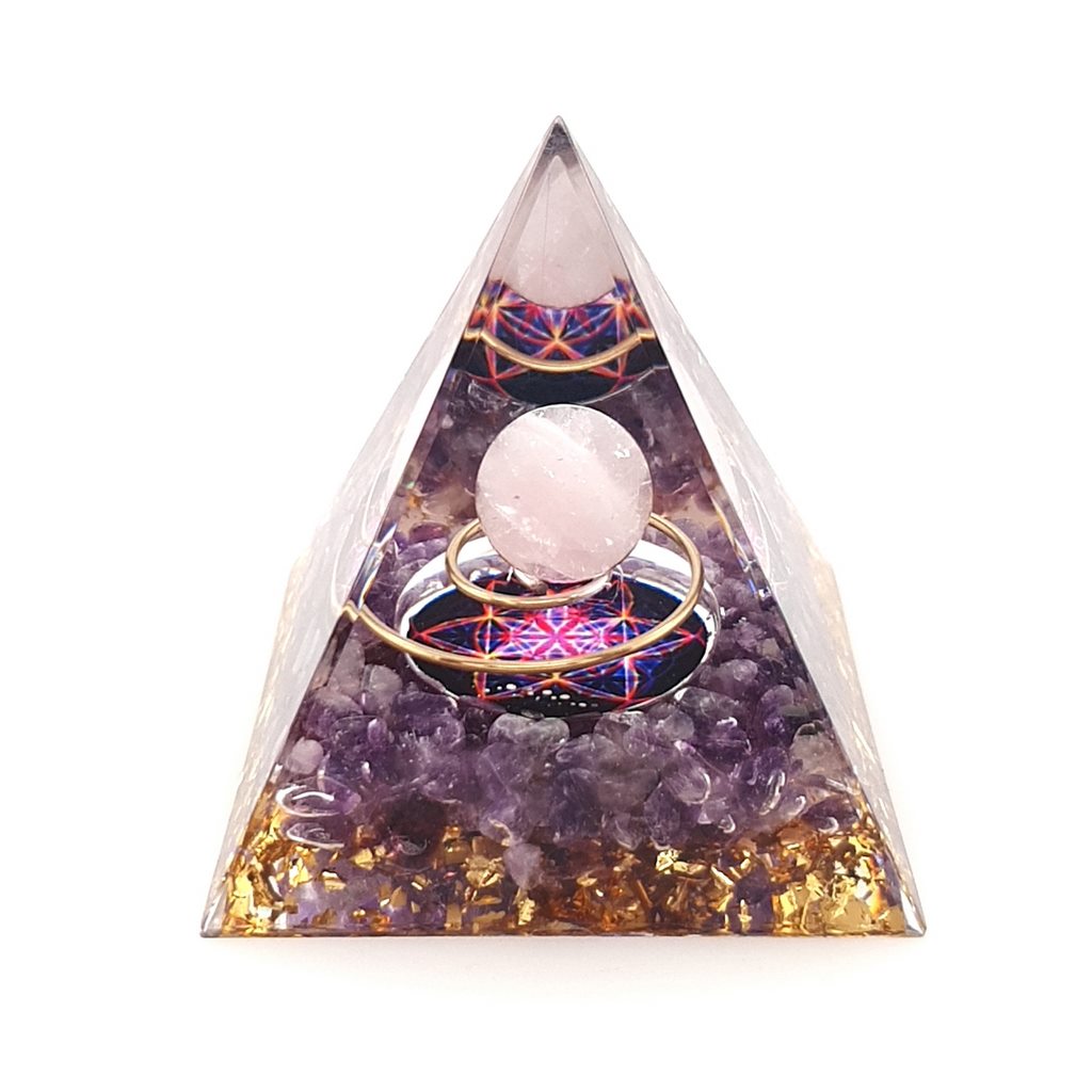 orgone pyramid with rose quartz sphere and amethyst
