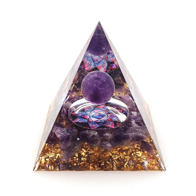orgone pyramid with amethyst sphere and lotus flower