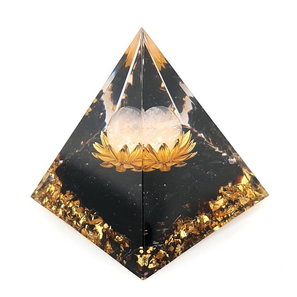 Orgonite Pyramid with Obsidian and Rose Quartz Sphere in Lotus Flower