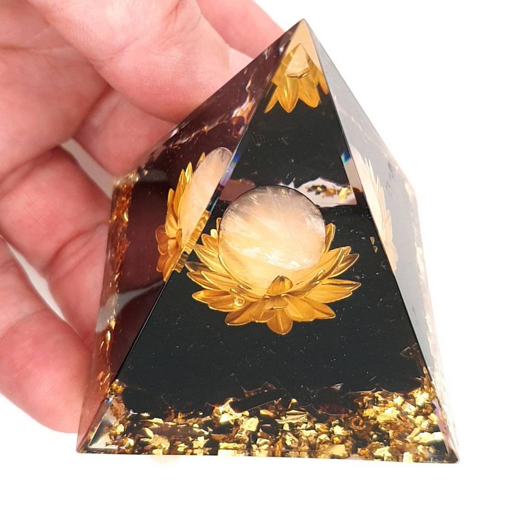 Orgonite Pyramid with Obsidian and Rose Quartz Sphere in Lotus Flower