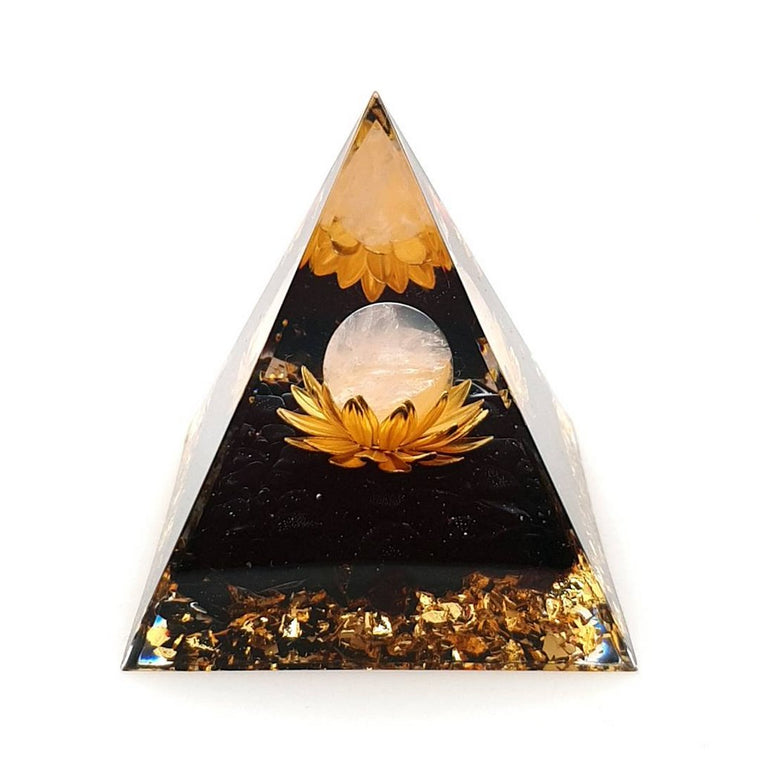 orgonite pyramid with rose quartz sphere