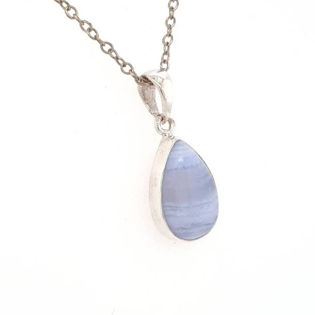 Blue Lace Agate Crystal Teardrop Shape Pendant in Sterling Silver Jewellery Necklace
