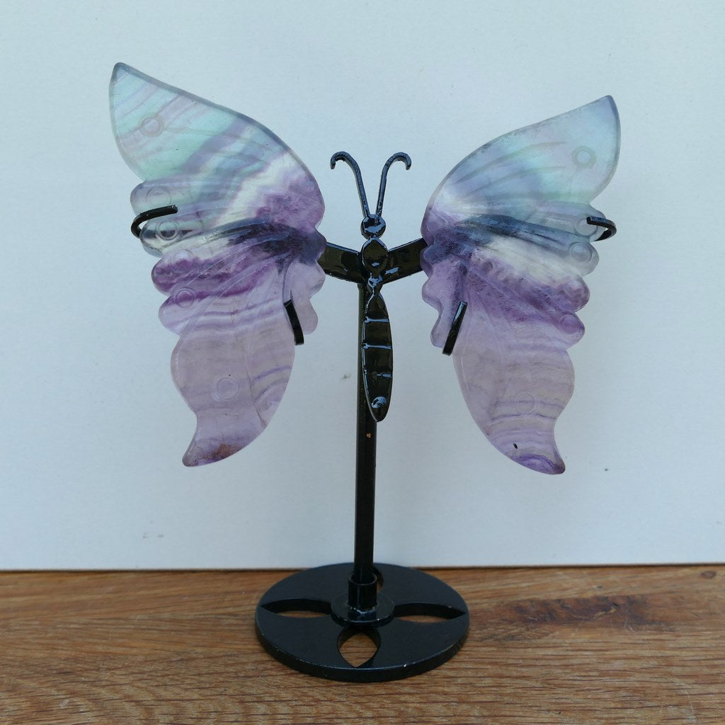 rainbow fluorite butterfly wings on metal stand