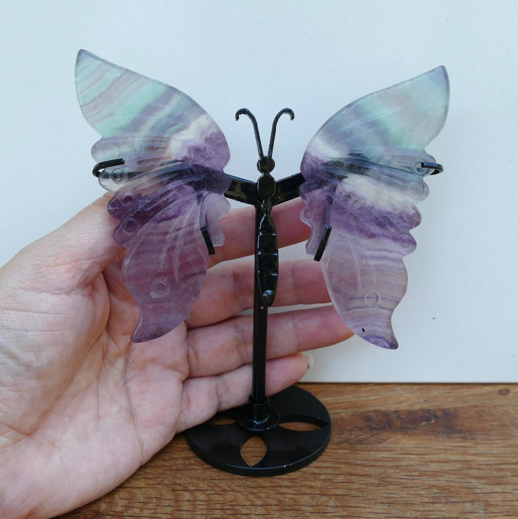 rainbow fluorite butterfly wings on metal stand