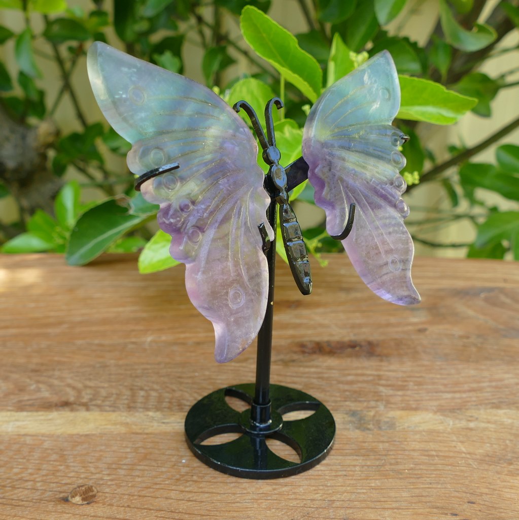 rainbow fluorite butterfly wings on metal stand