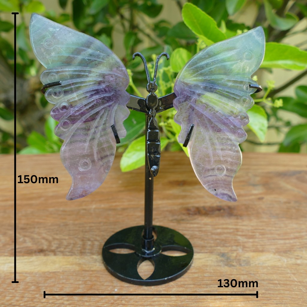 rainbow fluorite butterfly wings on metal stand