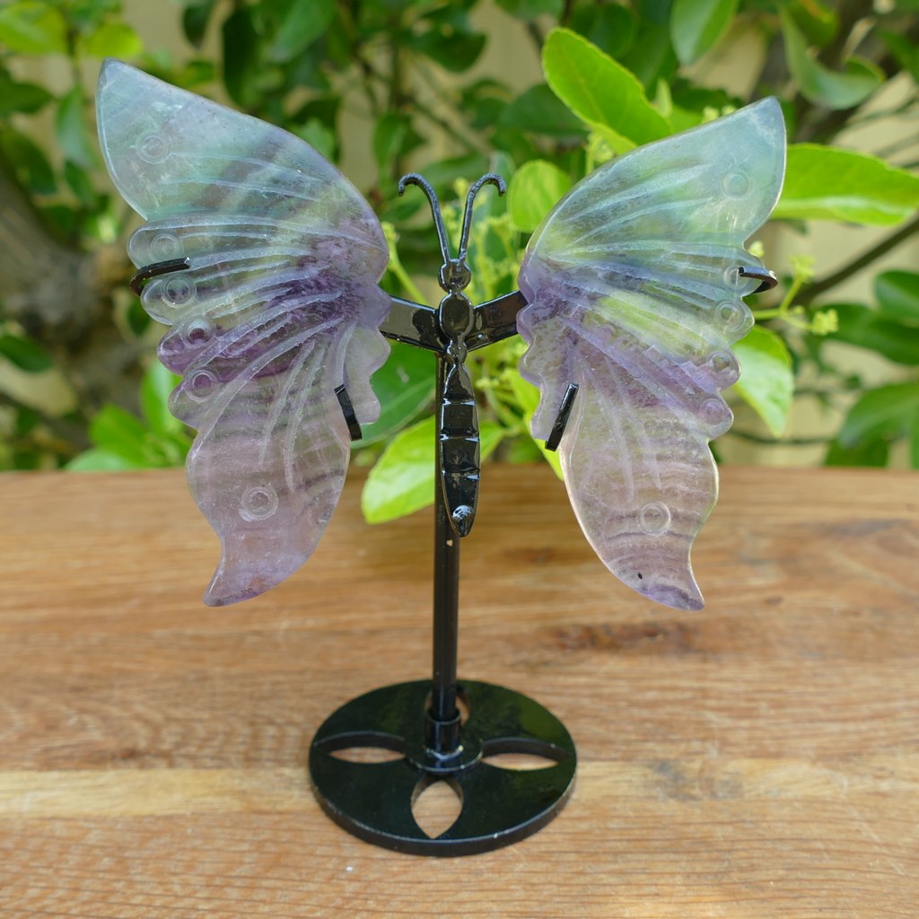 rainbow fluorite butterfly wings on metal stand