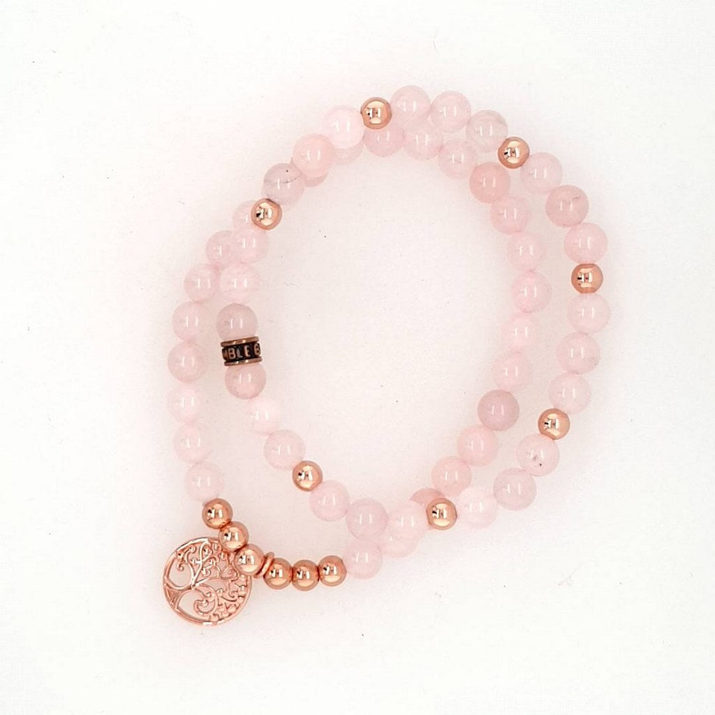 rose quartz duo bracelet set with tree of life charm