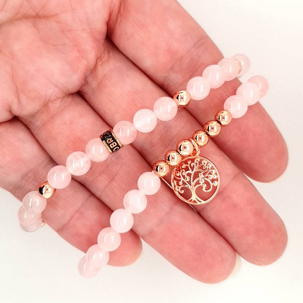 rose quartz duo bracelet set with tree of life charm